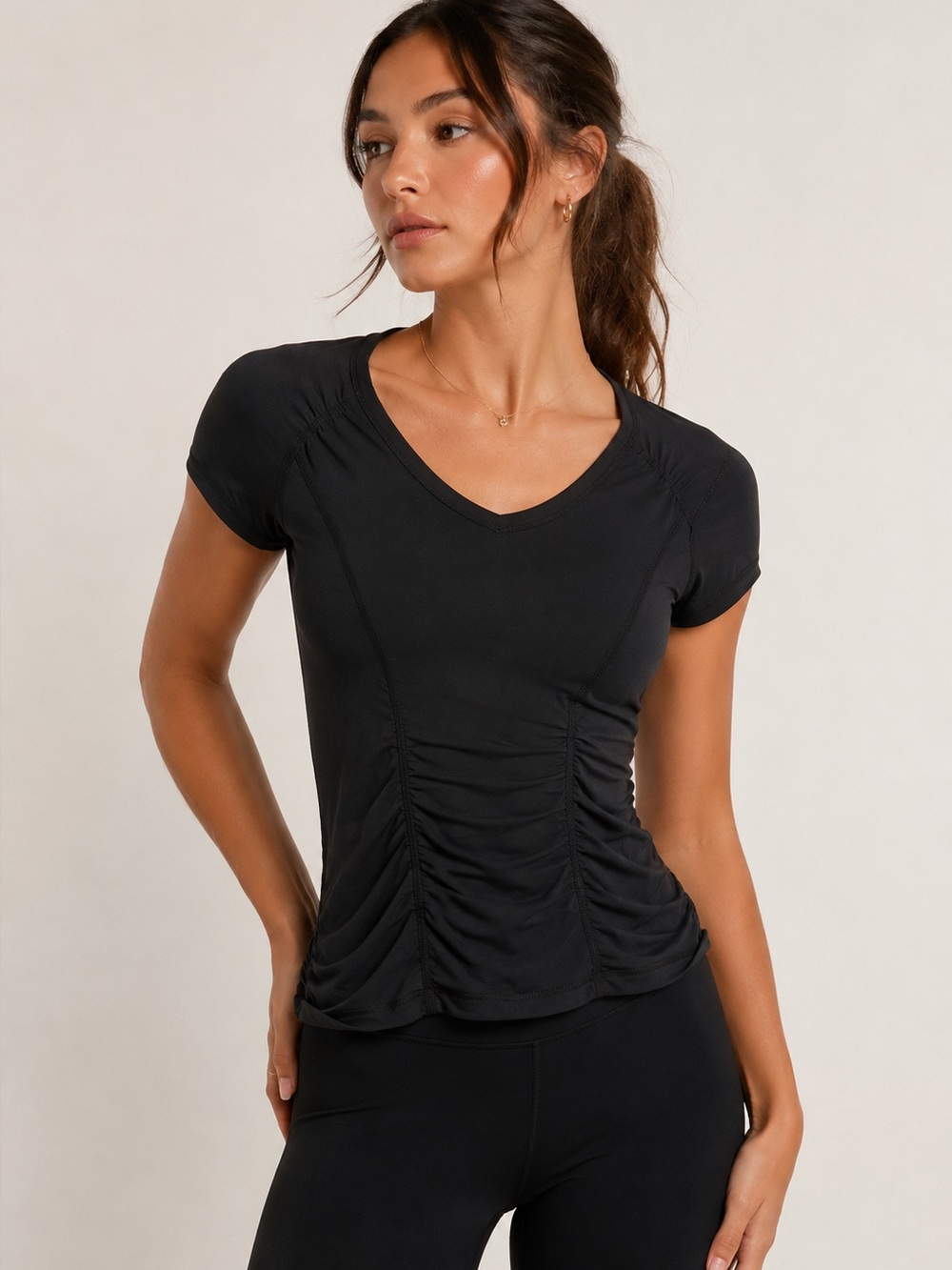 Zella Black Short-Sleeve V-Neck Ruched Waist Active Tee